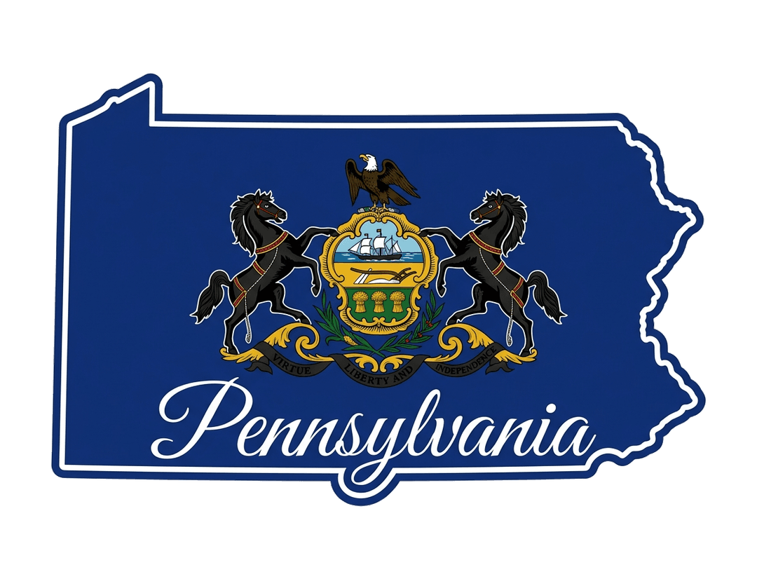 Pennsylvania state map outline with official state coat of arms emblem